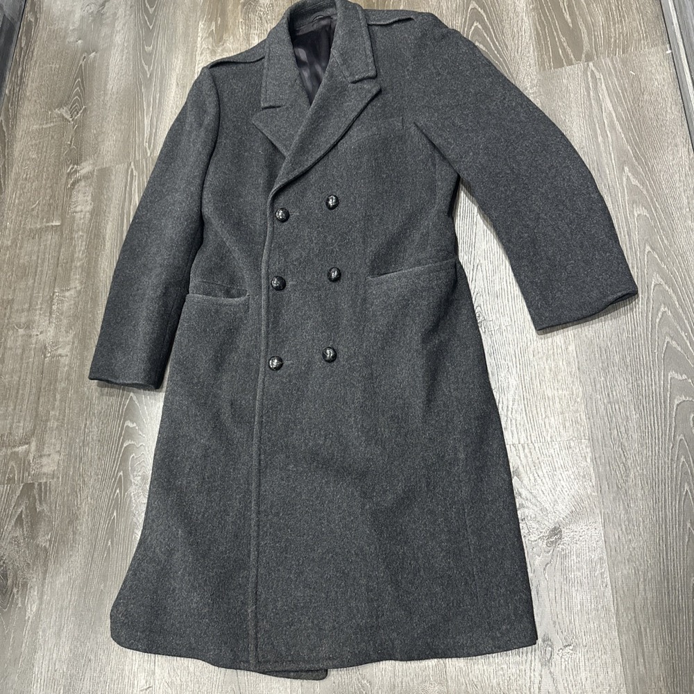 Vintage Double Breasted Wool Overcoat 40 Peak Lapel Epaulets Charcoal 70s